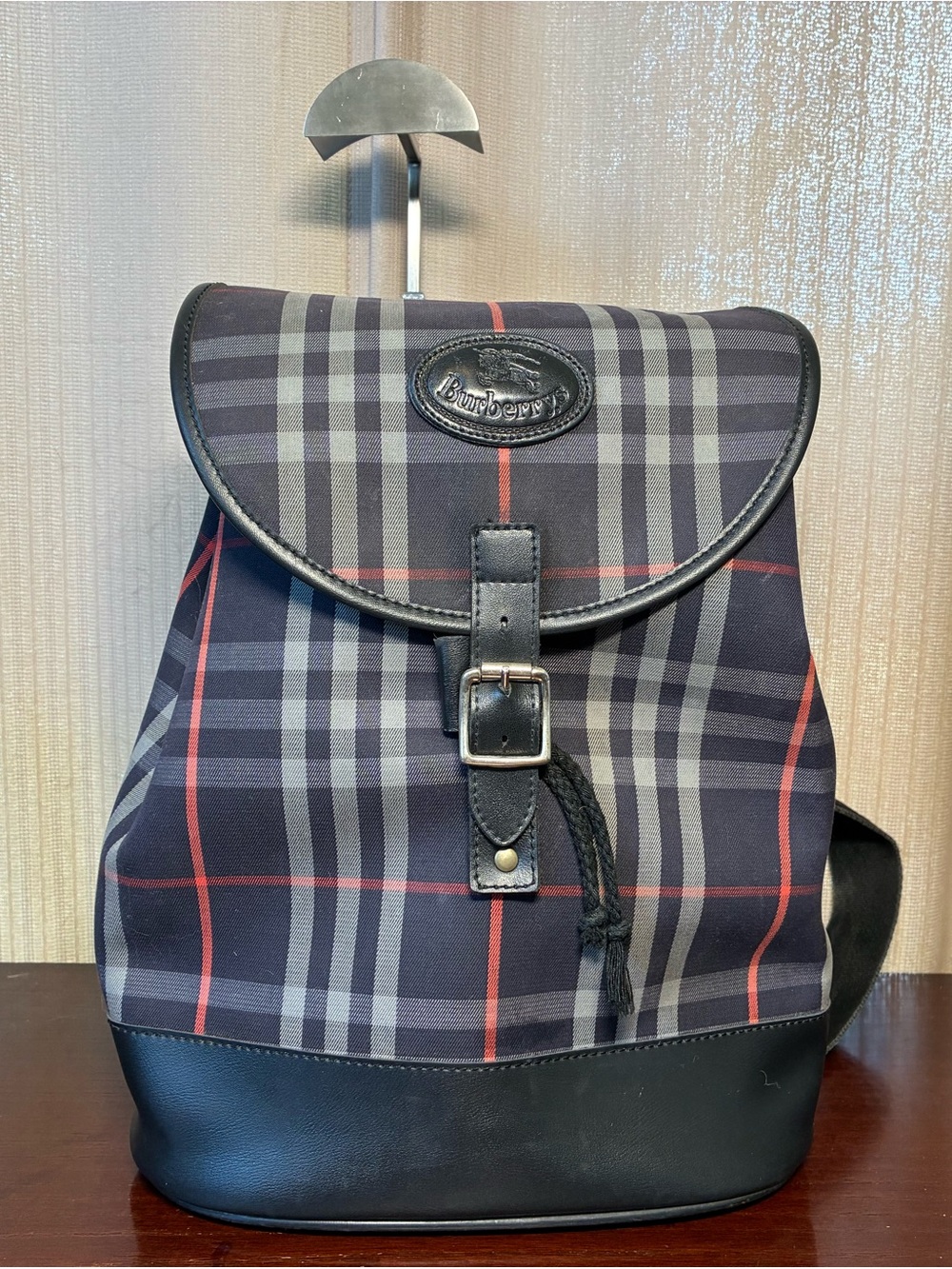 Burberry Black & Navy Plaid Canvas Backpack with Leather Trim
